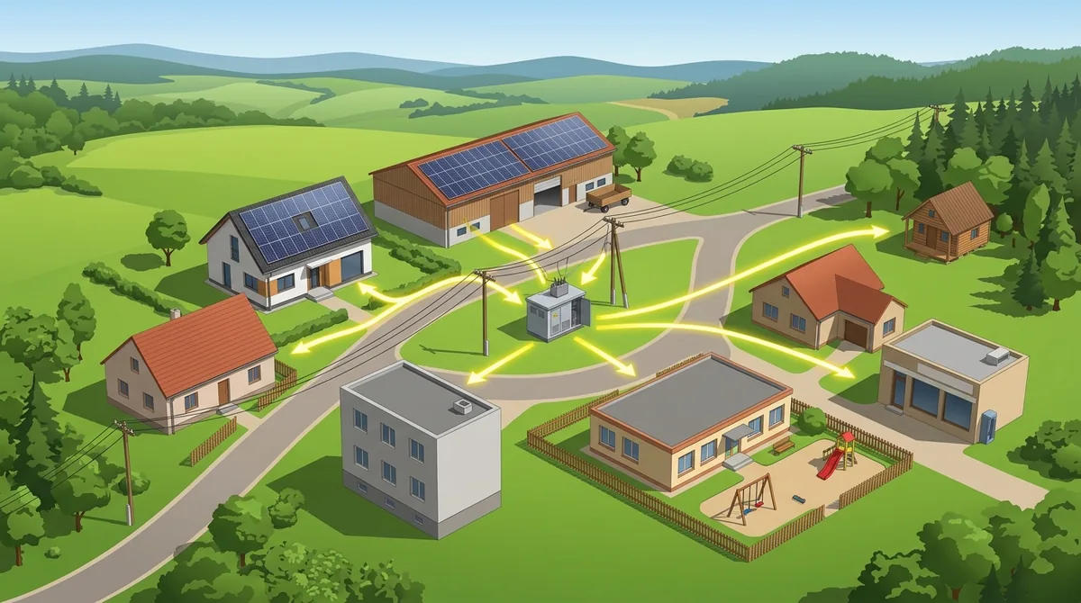 Schéma zdieľania elektriny v obci: fotovoltiku majú len rodinný dom a hospodárska hala, žlté šípky vedú ich prebytok cez trafostanicu k šiestim ďalším budovám bez panelov