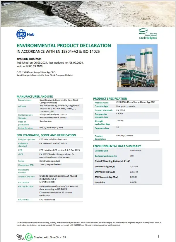 Titulná strana environmentálneho vyhlásenia o produkte (EPD) podľa EN 15804+A2 s tabuľkou hodnôt GWP pre betón