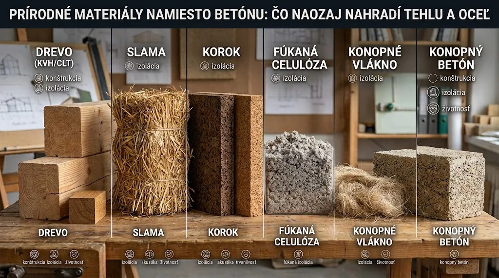 Prírodné stavebné materiály — drevo, slama a korok pripravené na stavbu